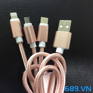 Cáp Sạc Dây Dù 3 Đầu Lightning-Micro Phone-Usb Type C - Siêu Bền