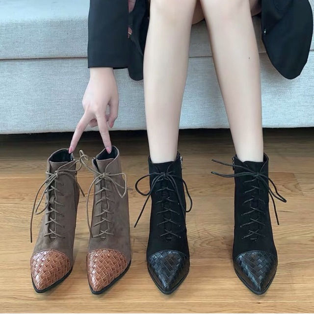 Bốt nữ da lộn cổ ngắn gót nhọn cao 9cm có khoá sườn