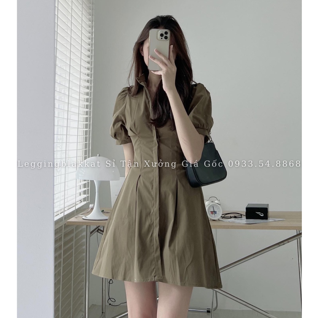 Đầm váy sơ mi cổ đức dấu khuy tay bồng hàng thiết kế siêu đẹp đầm váy sơ mi 5918