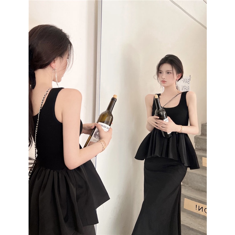 Set Áo Hai Dây Cổ Chữ V + Chân Váy Đuôi Cá Lưng Cao Phối Ren Màu Đen Phong Cách Hàn Quốc Thời Trang Mùa Hè Cho Nữ