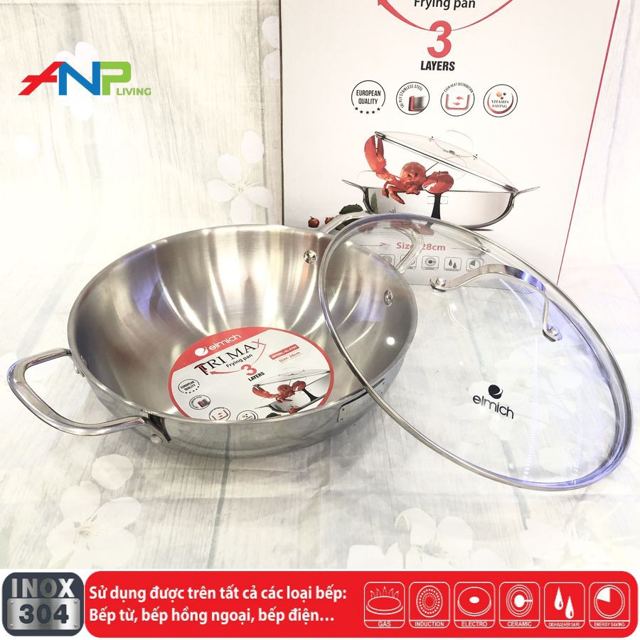 Chảo Xào Sâu Lòng Kiêm Nồi Lẩu 5 Đáy inox 304 Elmich EL-3255 (Size 32cm - Dùng Được Trên Mọi Loại Bếp) - Hàng Chính Hãng