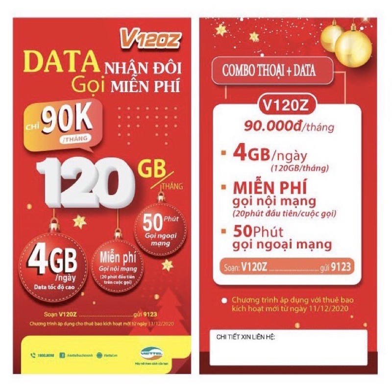 Sim 4g viettel gói V90 mới v120z phí gia hạn 90k hàng tháng