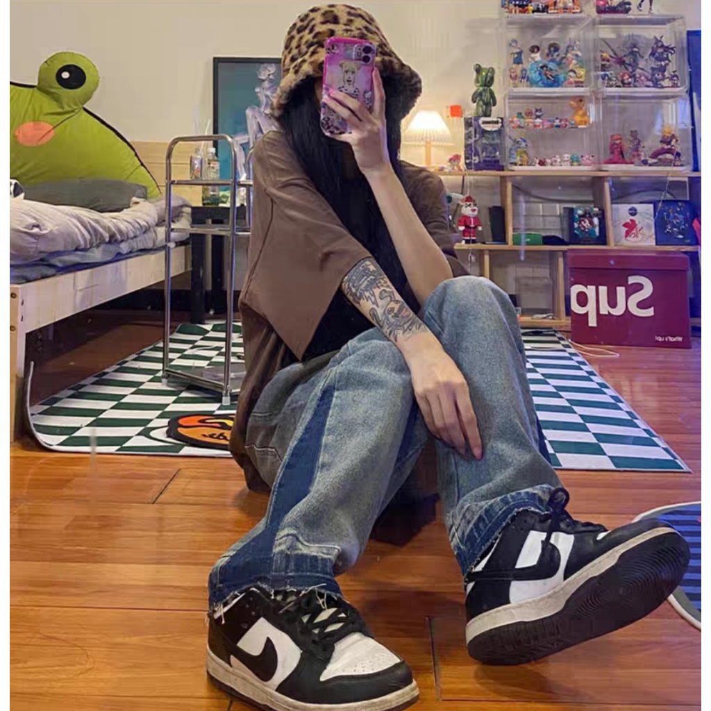 Quần jean ôm unisex quần jean rách gối retro thời trang quần jean hip hop phong cách Hàn Quốc simple quần jean nam cao cấp from rộng quần bò nữ