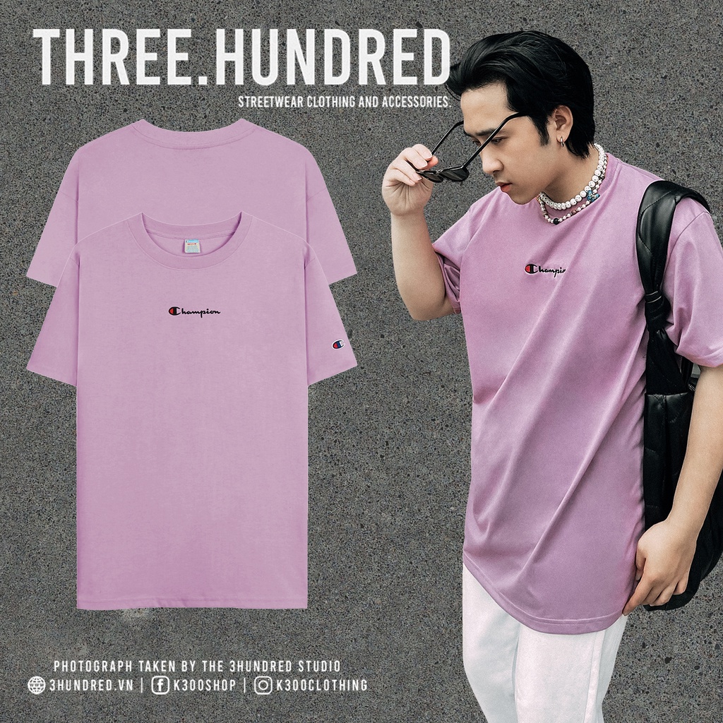 Áo Thun Champion Màu Tím Thêu Chữ Đen Nâu Ở Giữa Chất Liệu 100% Cotton Thoáng Mát Form Rộng Thoải Mái