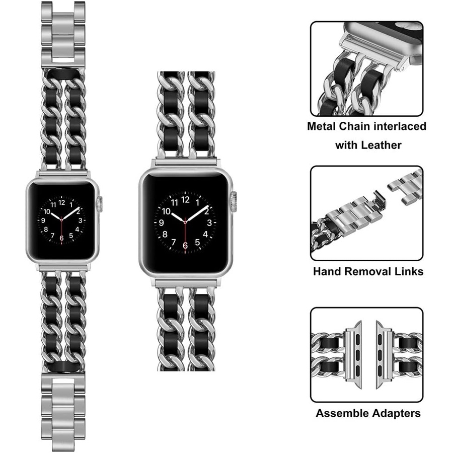 Dây da kim loại + vỏ kim cương jansin phong cách nữ trang thích hợp cho apple watch 7 band 41mm 45mm 38mm 40mm 42mm 44mm