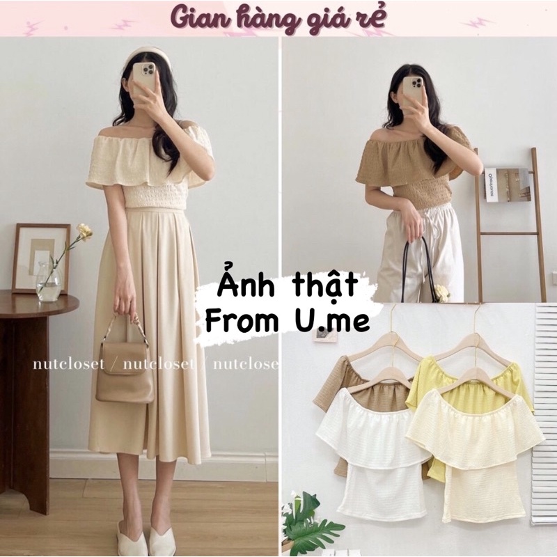 Kenny Top - Áo trễ vai nữ tay bèo chất xốp nhăn co giãn 4 chiều Áo kiểu nữ thiết kế hở vai U.me Store