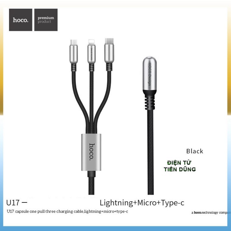 Cáp sạc Hoco U17 loại 3 đầu Lighting Micro Type C dài 1.5m ♥️♥️