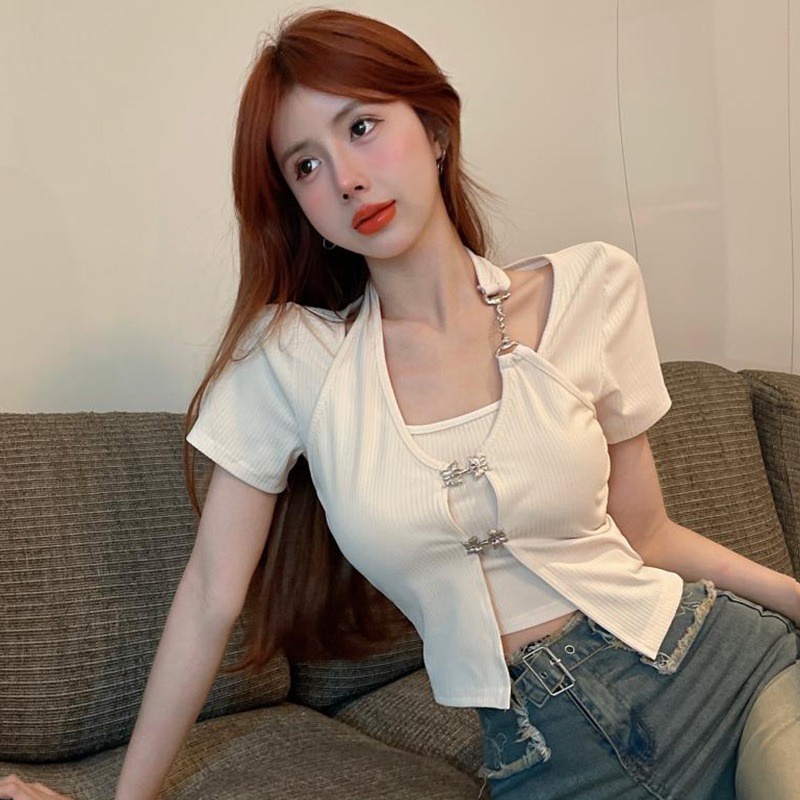 Áo Thun Tay Ngắn Cổ Tròn Giả Hai Lớp Thời Trang Dành Cho Nữ