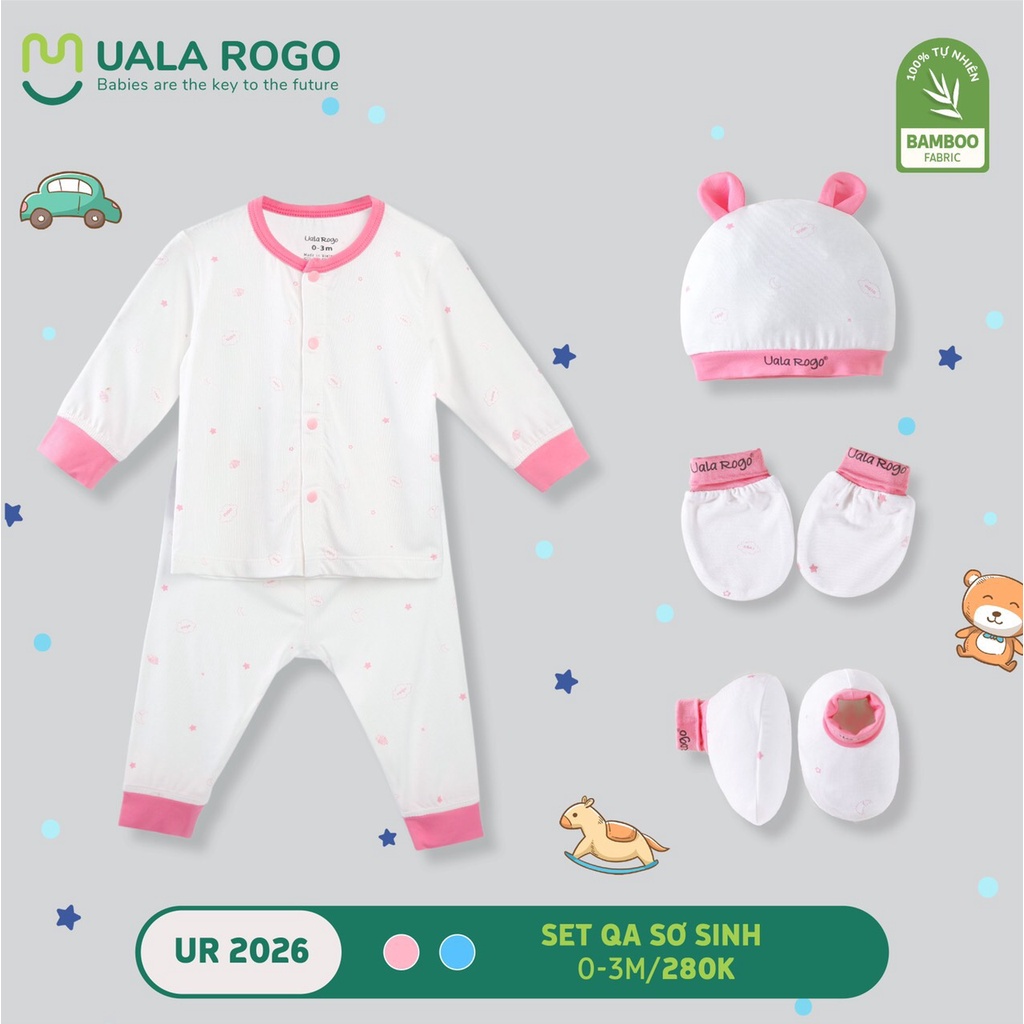 Quần áo sơ sinh bé trai bé gái Uala rogo TẶNG set mũ bao tay chân 0-3 tháng vải sợi tre Bamboo fabric mềm mịn 2026