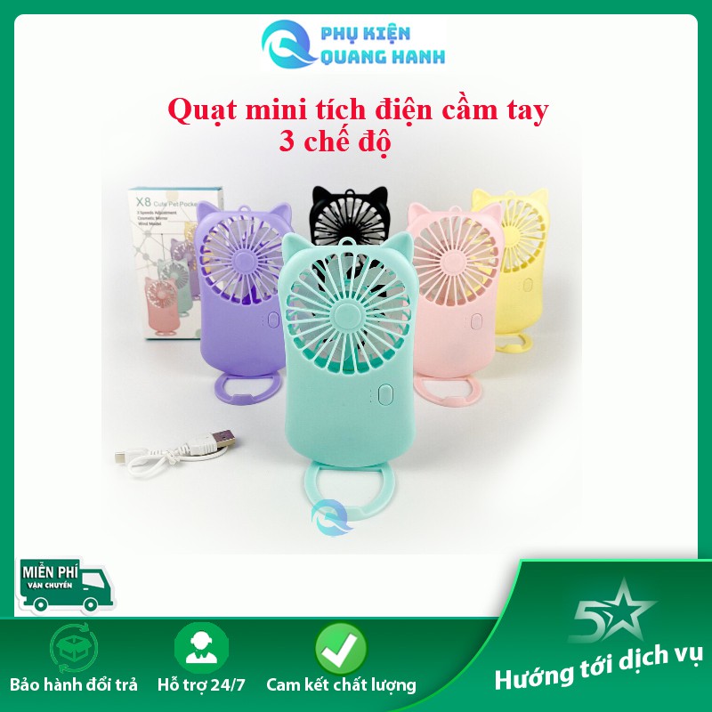 Quạt Cầm Tay Mini Sạc Pin Tích Điện 3 Tốc Độ Gió Nhỏ Gọn Kèm Chân Giá Đỡ Điện Thoại Gutek X8