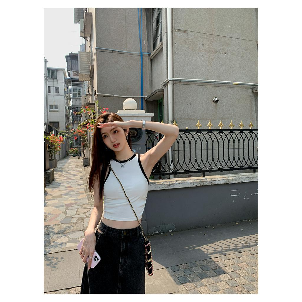 Áo Tank Top Dệt Kim Phối Màu Tương Phản Thời Trang Cho Nữ