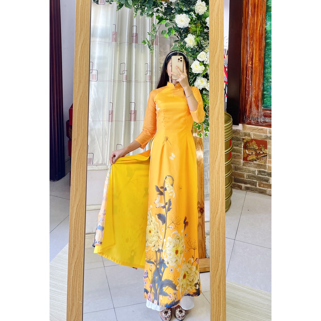 Áo dài Tết tơ 4 tà HOA SEN dài dáng truyền thống - Áo dài HOA CÚC TẾT