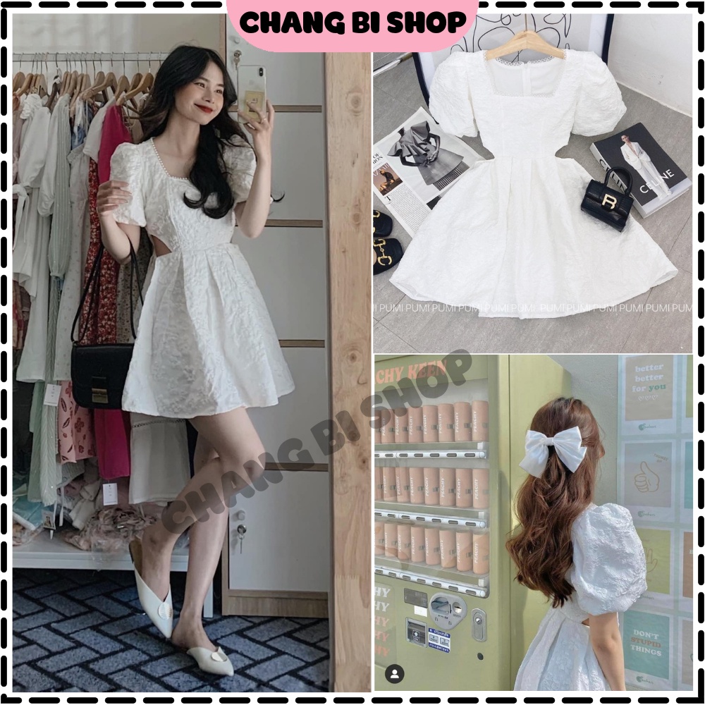 Váy nữ - Váy cổ vuông tay bồng thiết kế dễ thương xoè bồng cắt out nhẹ nhàng giúp vòng eo thêm thon gọn Chang Bi Shop