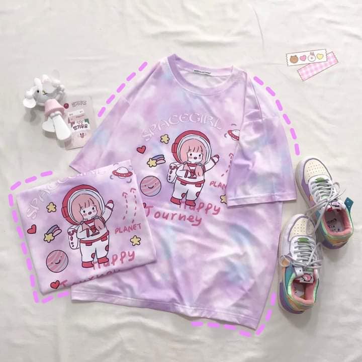 [Kèm hình thật Áo tay lở loang màu Tie Dye Space vũ trụ in hình chibi cute cực chất unisex