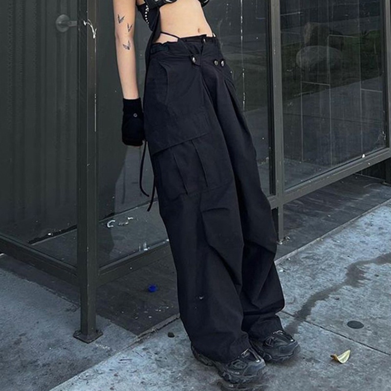 Quần Dài Dáng Rộng Lưng Thấp Phối Nút Thời Trang Đường Phố Cá Tính Cho Nữ