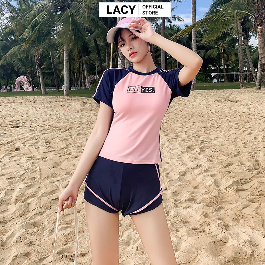 Bộ Đồ Bơi Nữ 2 Mảnh Áo Cộc Quần Đùi Bơi Dáng Thể Thao Màu Hồng Chữ Yes No Mặc Đi Tắm Biển Đi Bơi B097 | BigBuy360 - bigbuy360.vn