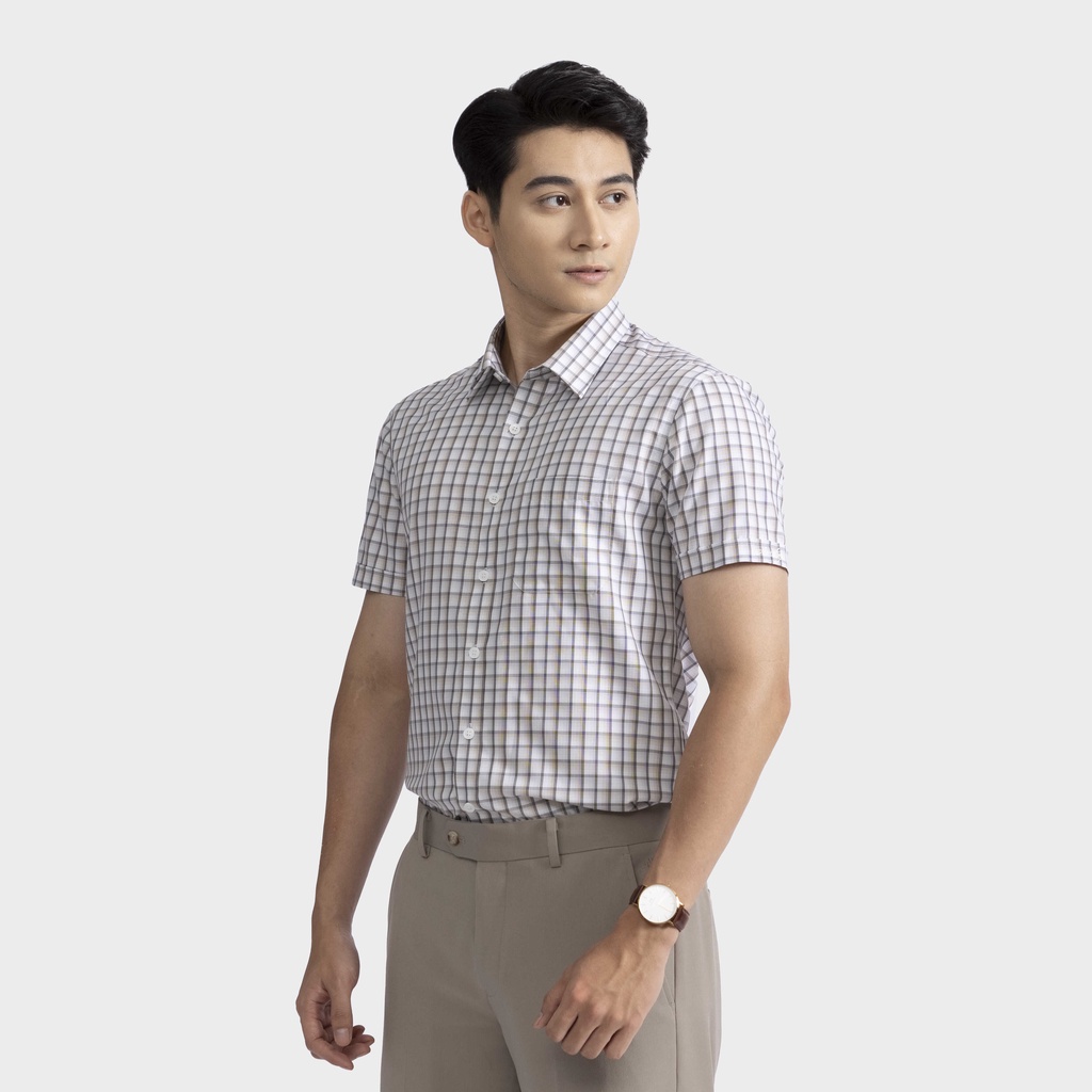 [MẪU MỚI] Áo sơ mi nam ngắn tay ARISTINO in trắng kẻ dobby nâu lịch lãm, thời thượng - ASS006S2