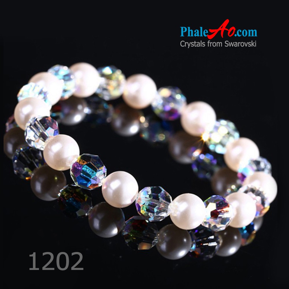 Vòng tay pha lê Swarovski hat tròn crystal bead 5000 phối với ngoc trai pearl 5810