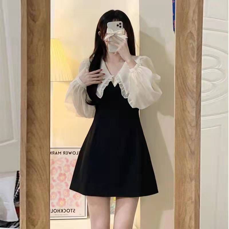 Đầm Đen Cổ Búp Bê Phong Cách Hepburn Thời Trang Xuân Thu Cho Nữ