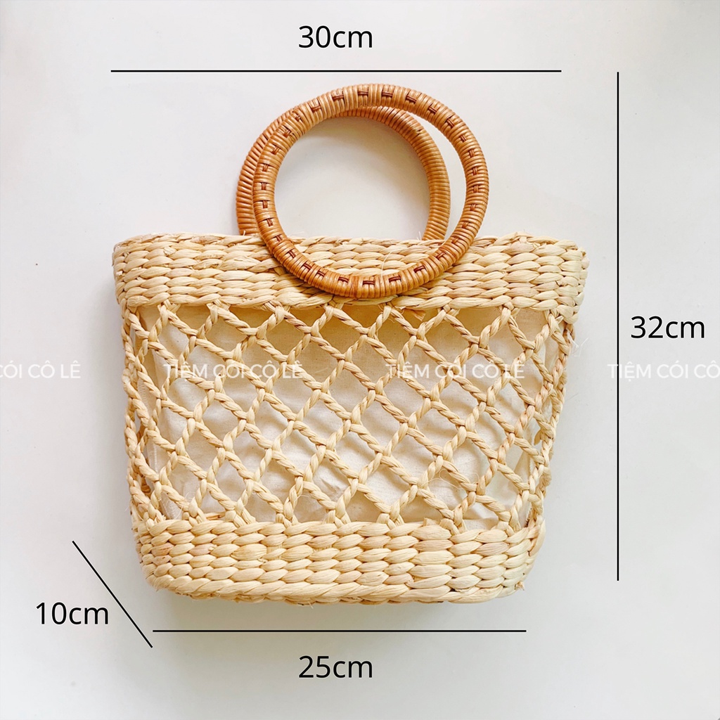 Túi lục bình đan ô size 30cm quai xách tròn xinh xắn - Tiệm Cói Cô Lê