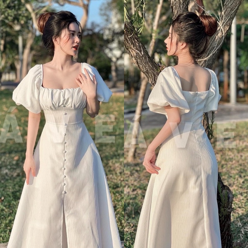 Đầm midi trắng cổ vuông nhún ngực nút bọc tay phồng (về thêm xanh, đỏ, nude, cam) | BigBuy360 - bigbuy360.vn