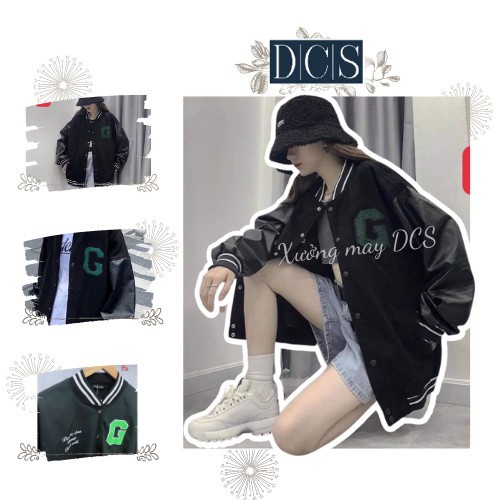 Áo Khoác Bomber Chữ G Xanh Unisex Chất Nỉ Cotton Tay Phối Da Xưởng May DCS Mã