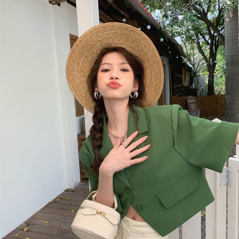 ANTUSON Áo Khoác Vest Tay Ngắn Màu Xanh Lá Mỏng Thời Trang Xuân Hè Hàn Quốc Hàng Mới Dành Cho Bạn Nữ