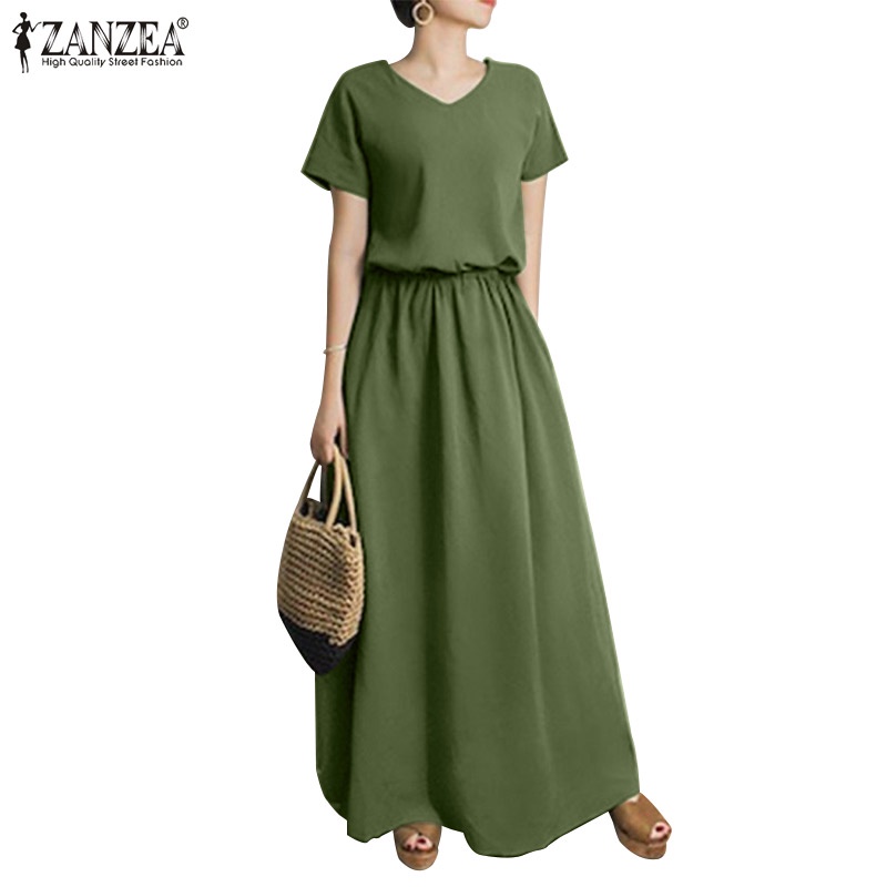 Zanzea Đầm Dài Tay Ngắn Cổ Chữ V Form Rộng Thời Trang Cho Nữ