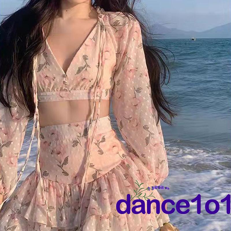 dance1o1-Women Summer Long Sleeve Deep V Neck Floral Crop Tops + Mini Skirt Set