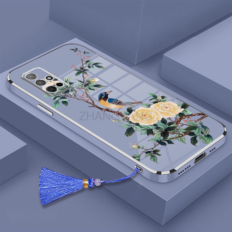 Ốp Điện Thoại Silicon Mềm Mạ Điện Họa Tiết Hoa Và Chim Kèm Dây Đeo Cho Samsung a51 a71 a31