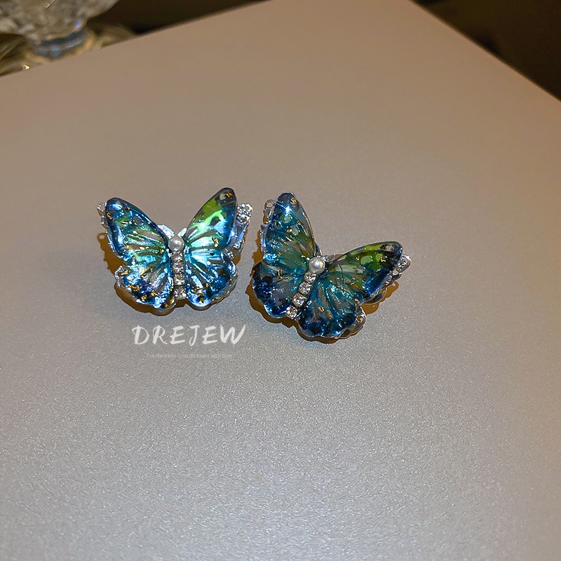 DREJEW Khuyên tai mạ bạc hình bướm đính đá zircon ngọc trai phong cách Hàn Quốc