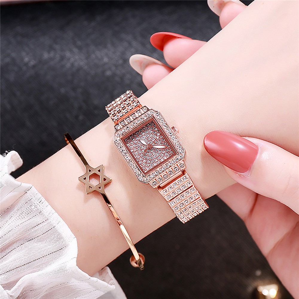 Đồng hồ nữ dây thép không gỉ mặt vuông đính đá sang trọng