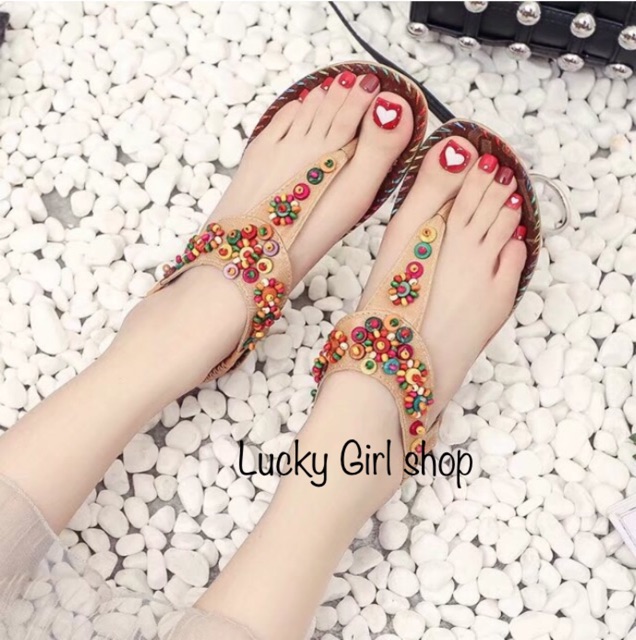 Sandal Nữ Xỏ Ngón Bohemian Đính Hạt Gỗ Đế Chống Trượt Siêu Xinh - Lucky Girl shop
