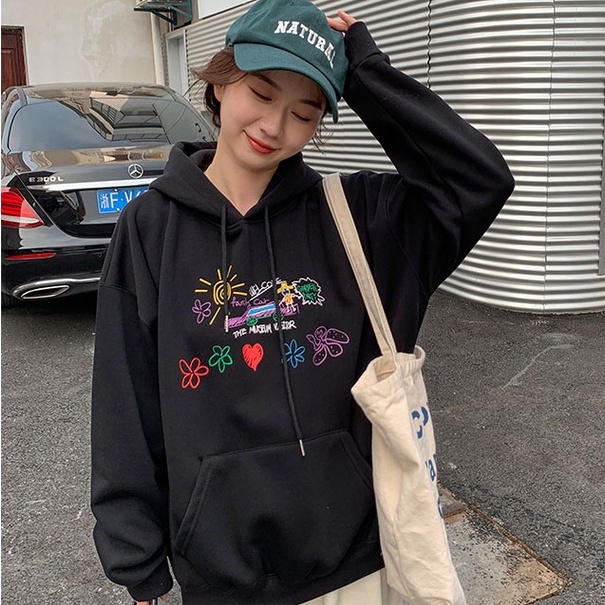 Áo Hoodie Dáng Rộng In Chữ Graffiti Dễ Phối Đồ