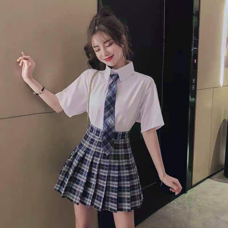 Set áo sơ mi trắng ngắn tay + chân váy kẻ tennis cà vạt kẻ phong cách học sinh