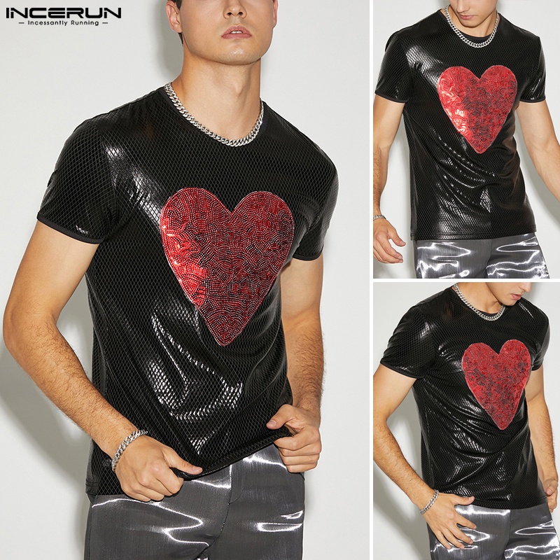 Áo thun Incerun tay ngắn bằng da in họa tiết trái tim dành cho nam