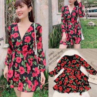 Đầm xòe hoa tầng tay dài cổ V đắp chéo cột nơ eo có lót quần Cao Cấp