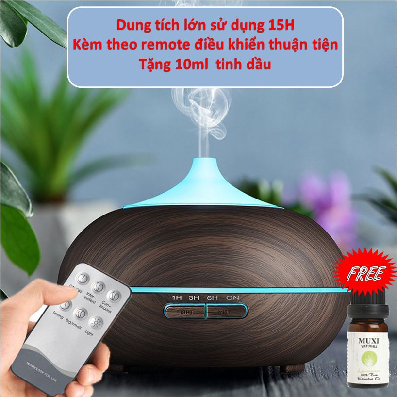 Máy khuếch tán tinh dầu phun sương tạo ẩm vân gỗ 500ml (kèm remote và  tinh dầu 10ml)