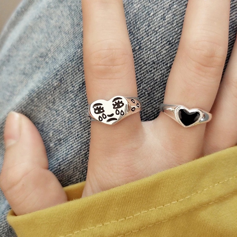 Creative Crying Face Love Heart Rings/ Trendy Adjustable Metal Finger Rings for Women/ Vintage Party Jewelry Gifts for Bar Club