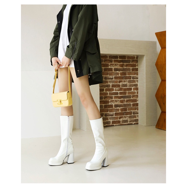 Giày bốt cao gót da bóng đế dày mũi vuông chống thấm nước phối khóa kéo bên hông size 32-48 dành cho nữ