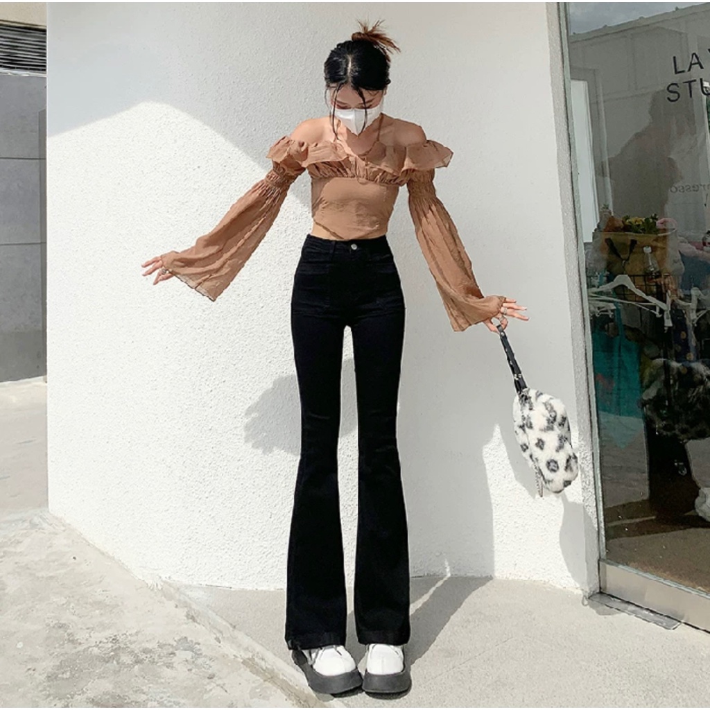 Quần Jeans Nữ Lưng Cao Ống Loe Thời Trang Hàn