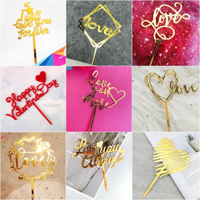 Que cắm trang trí bánh  set 10 thẻ meka TÌNH YÊU tráng gương