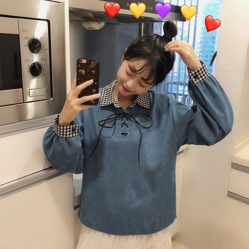 Áo polo Tay Dài Cổ Thắt Nơ Họa Tiết Caro Thời Trang Dành Cho Nữ