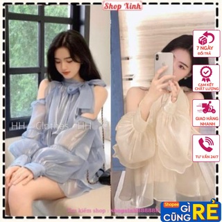 Áo bèo cổ nơ dáng yếm khoét vai tay rơi chất tơ ngọc tra.i, Áo bánh bèo cổ yếm màu xanh da trời, kem be