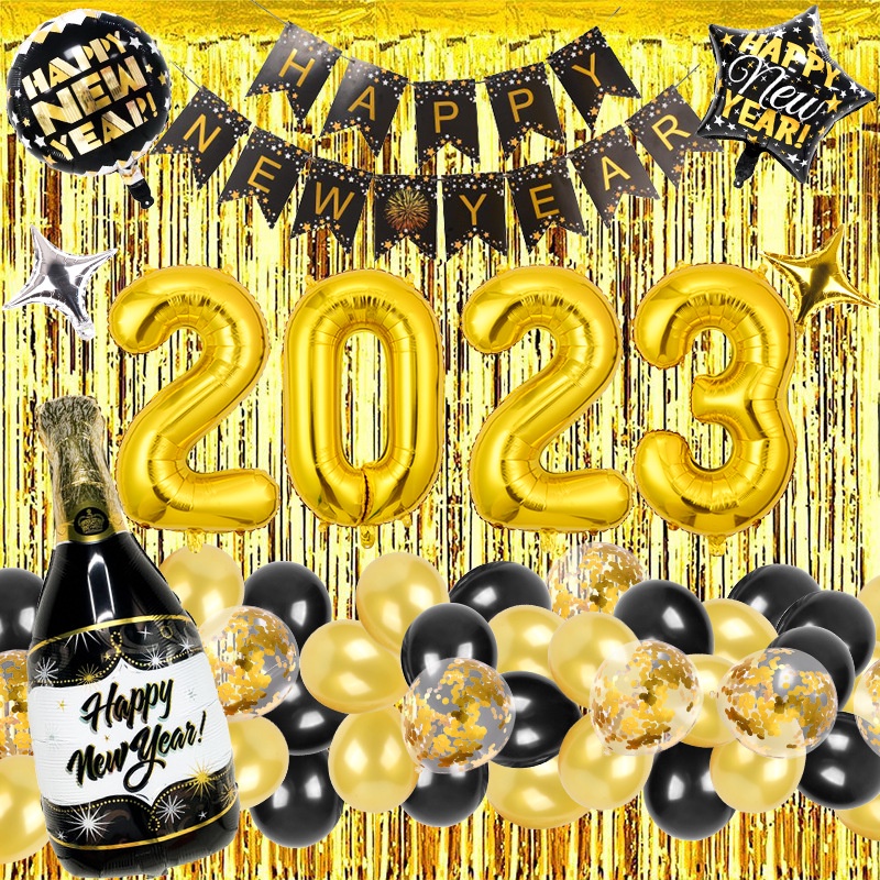 Set trang trí năm mới , tết , happy new year, bóng nhôm trang trí ( Tặng kèm phụ kiện đầy đủ )