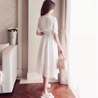 Đầm trắng nhúng thun eo (kèm hình thật)