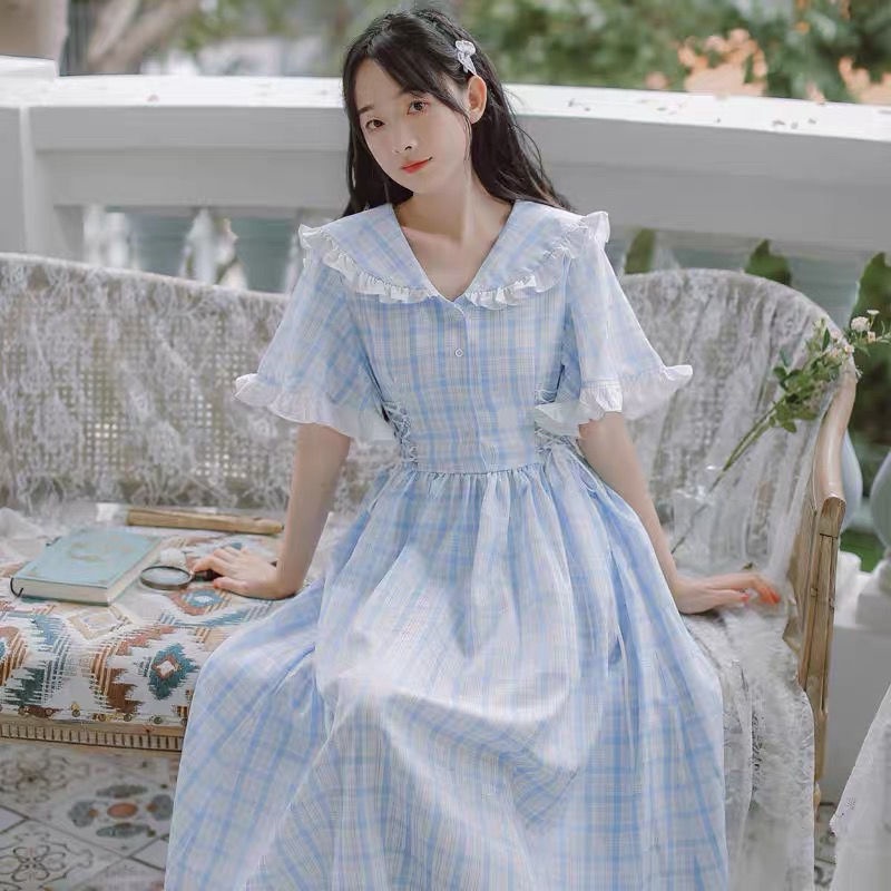 Đầm Dài Cổ Búp Bê Sọc Ca Rô Thời Trang Mùa Hè Hàng Mới Dành Cho Nữ Sinh Trung Học 2023