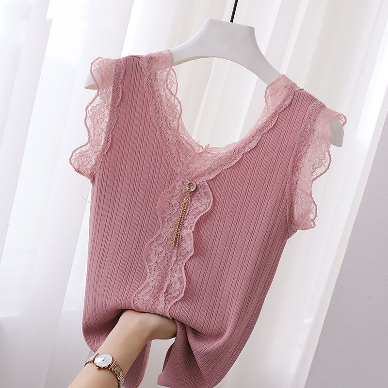 Áo Hai Dây Dệt Kim Mỏng Cổ Chữ V Phối Ren Hở Lưng Thời Trang Mùa Hè Cho Nữ