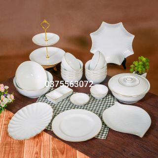 Bộ bát đĩa sứ trắng viền vàng Bát tràng