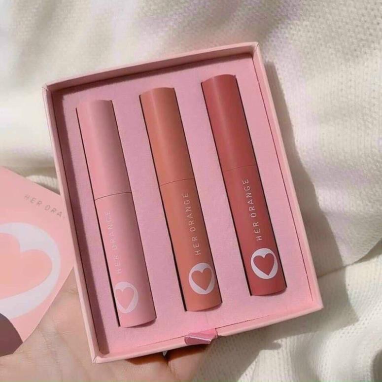 NTKL {sẵn hàng}𝙎𝙚𝙩 𝙨𝙤𝙣 𝙃𝙀𝙍 𝙊𝙍𝘼𝙉𝙂𝙀 trái tim 3c x slim lip gloss kit